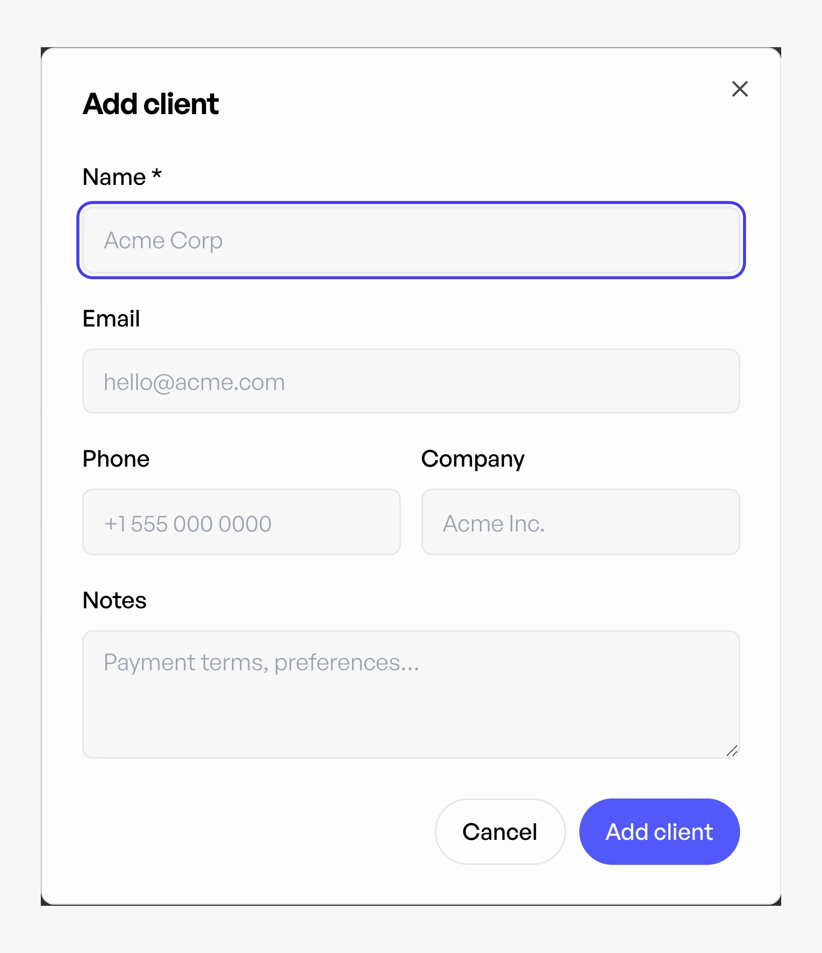 Add client dialog in Workey
