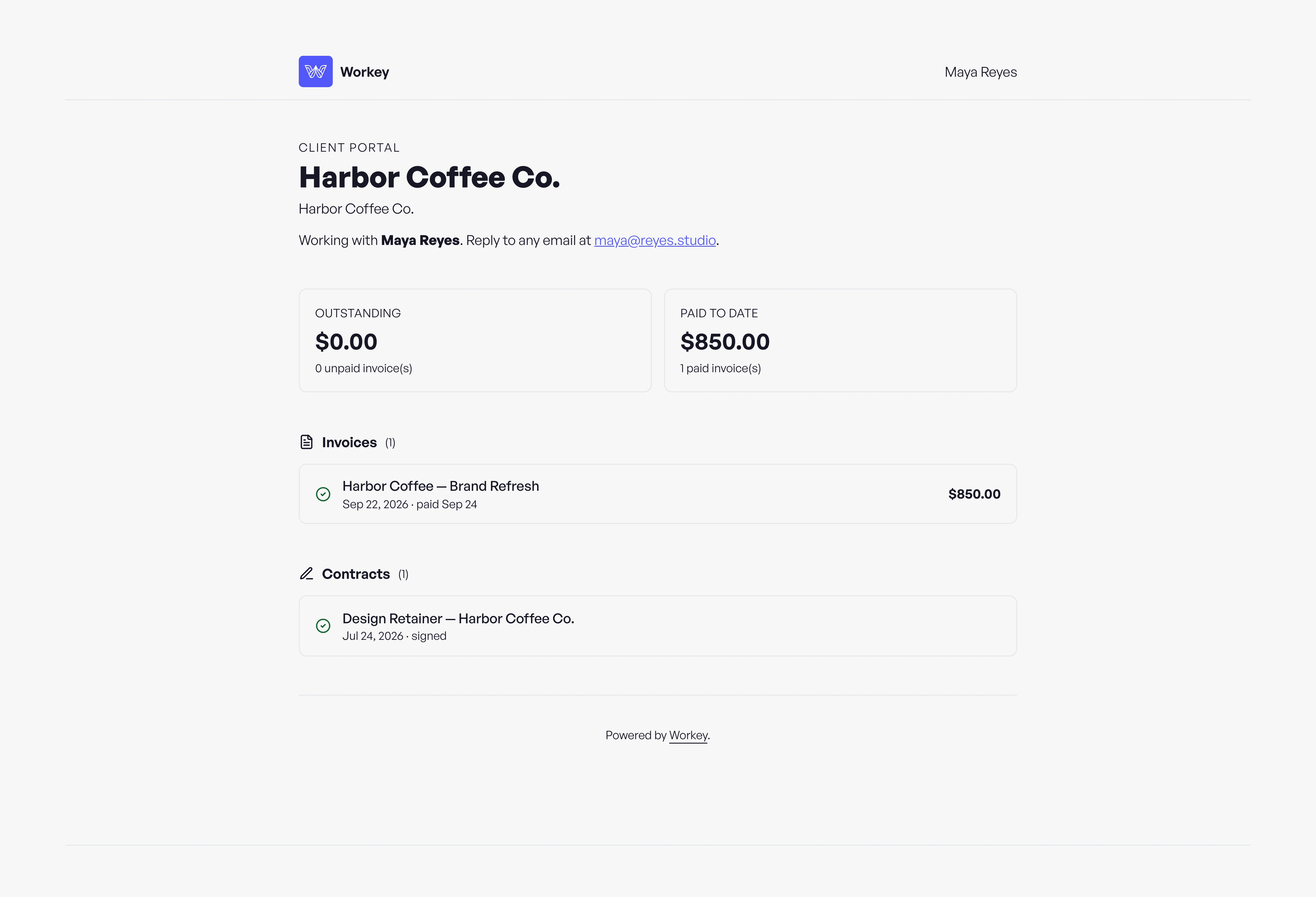 Client portal page showing invoices and contracts in Workey