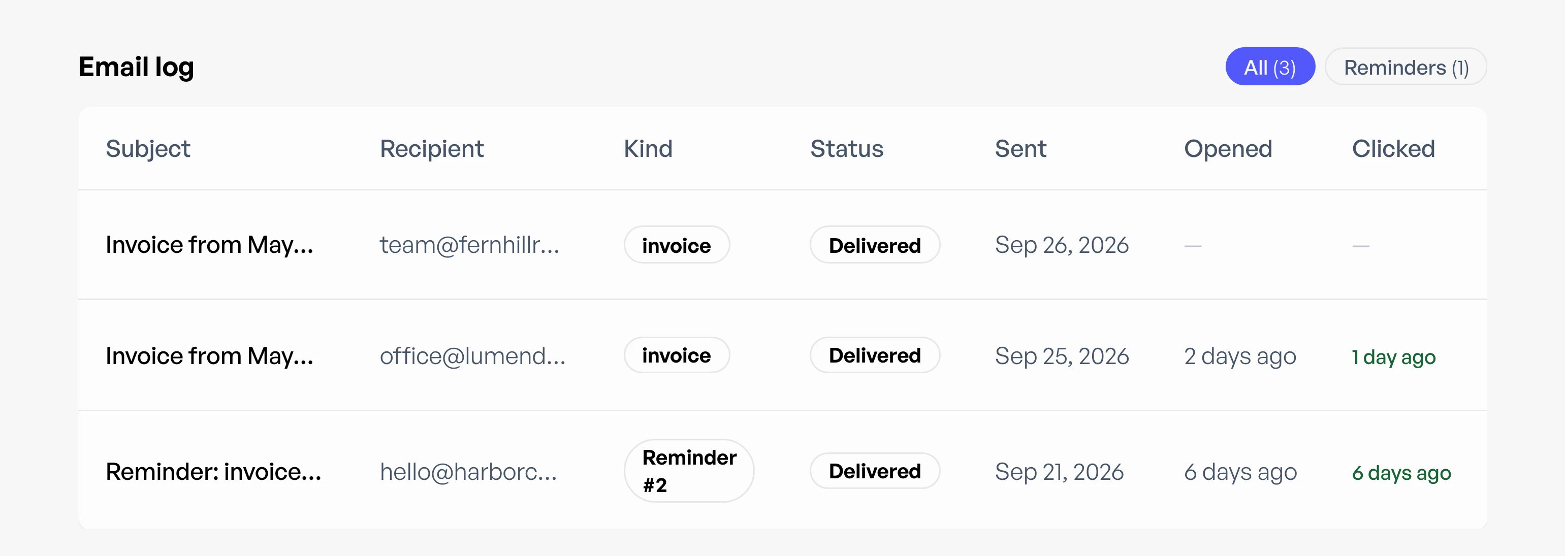 Email Insights log of invoice and contract emails with open and click status in Workey