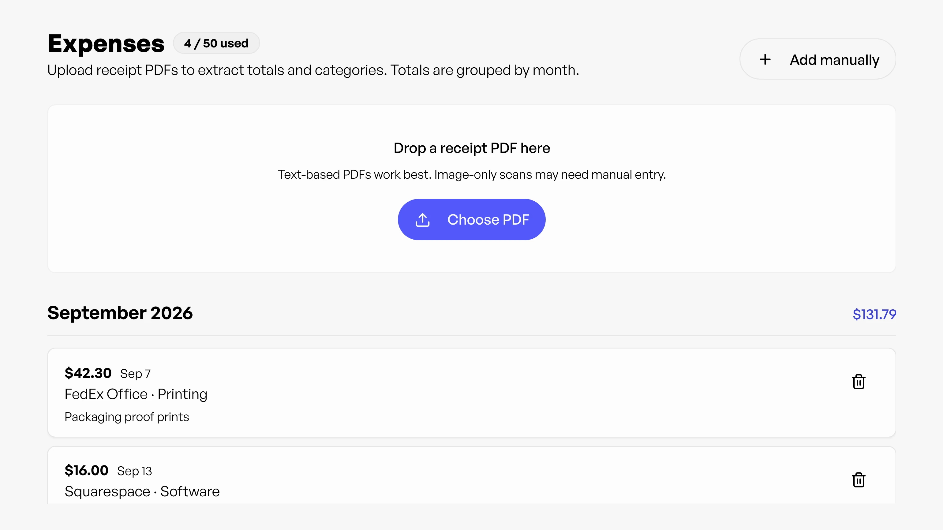 Freelance expense tracking with categories and receipts in Workey