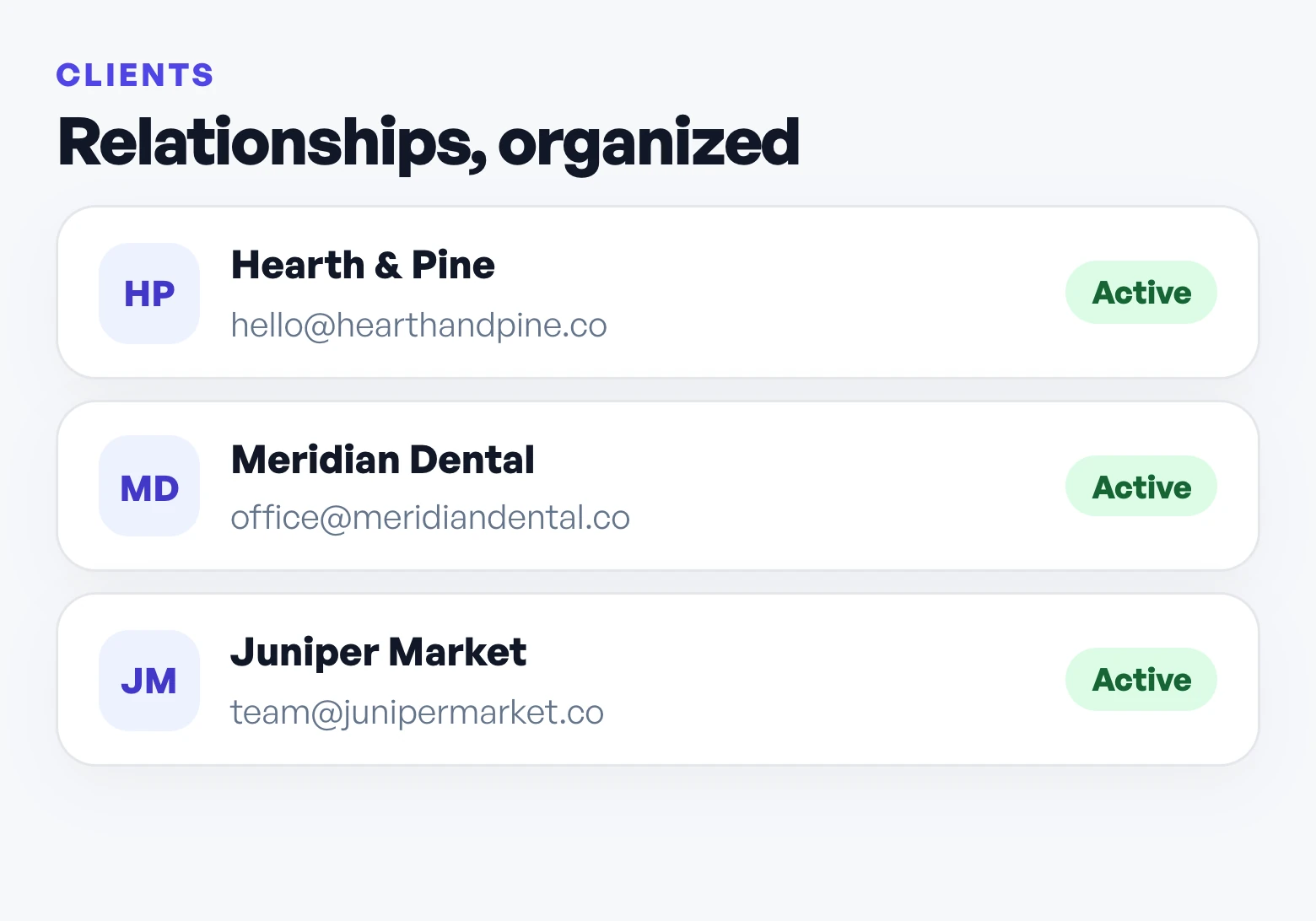 Workey client list with contacts and active status