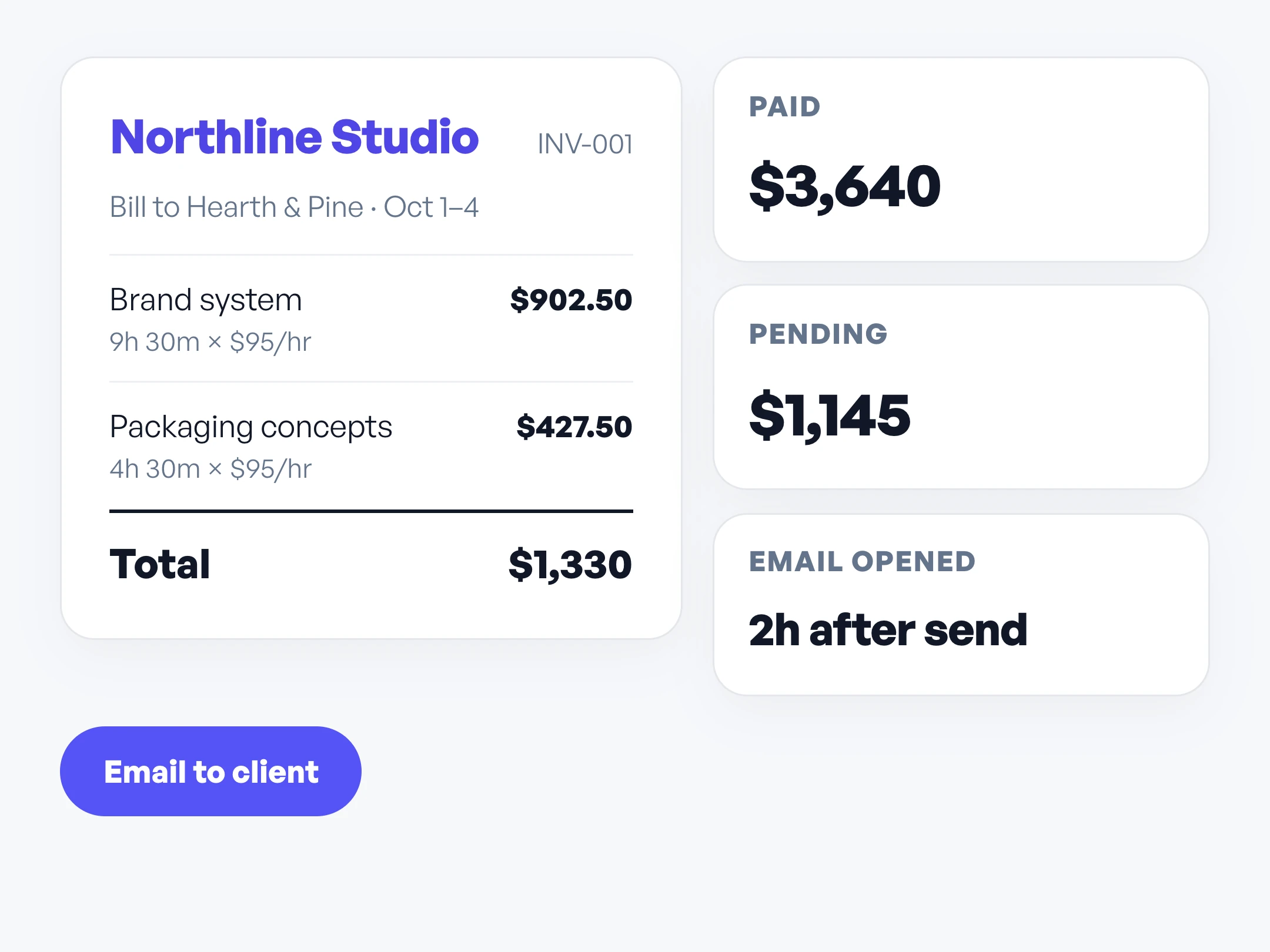 Workey invoice built from tracked hours, with paid and pending totals