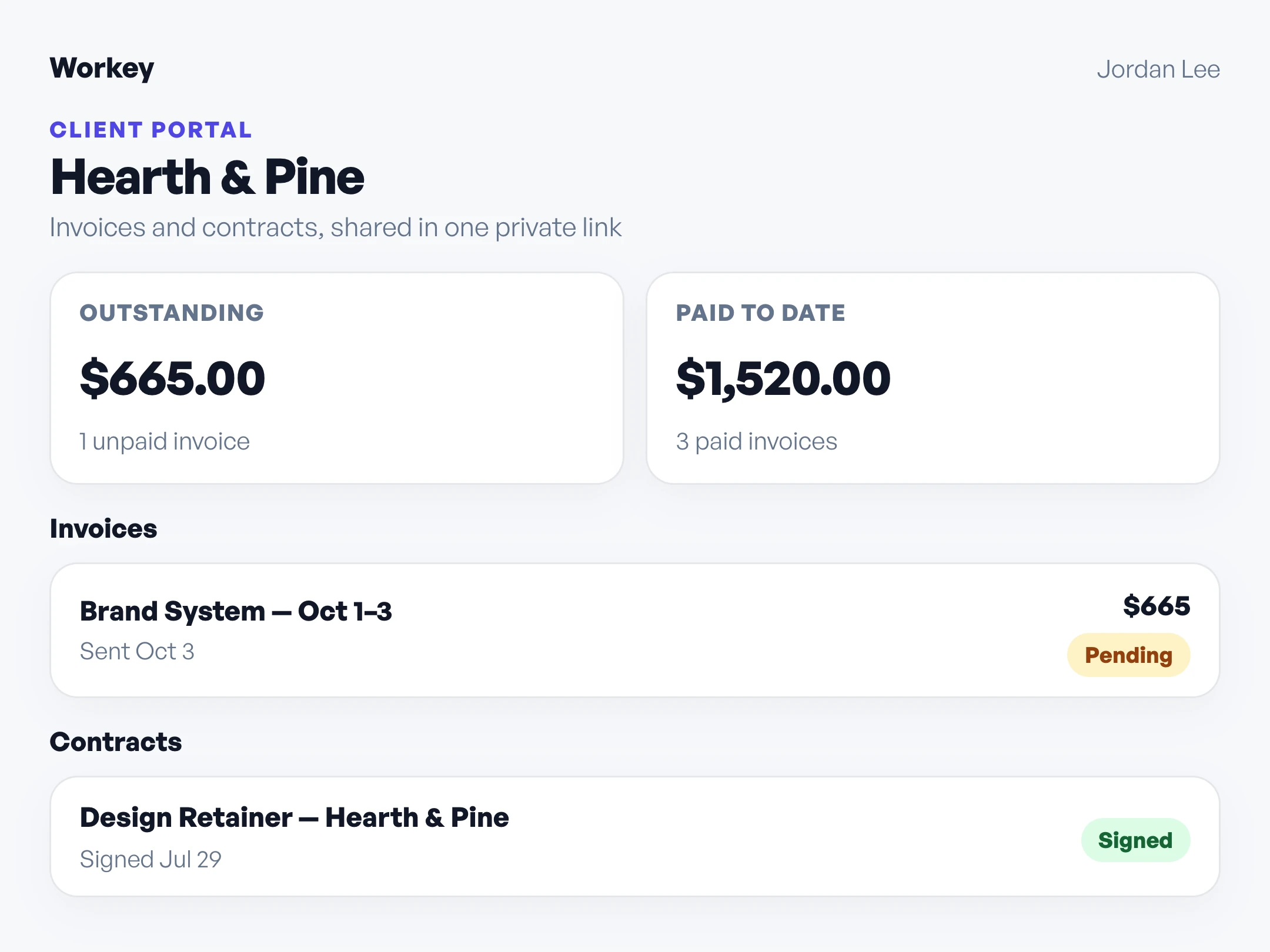 Workey client portal showing outstanding and paid totals, with the client's invoices and contracts